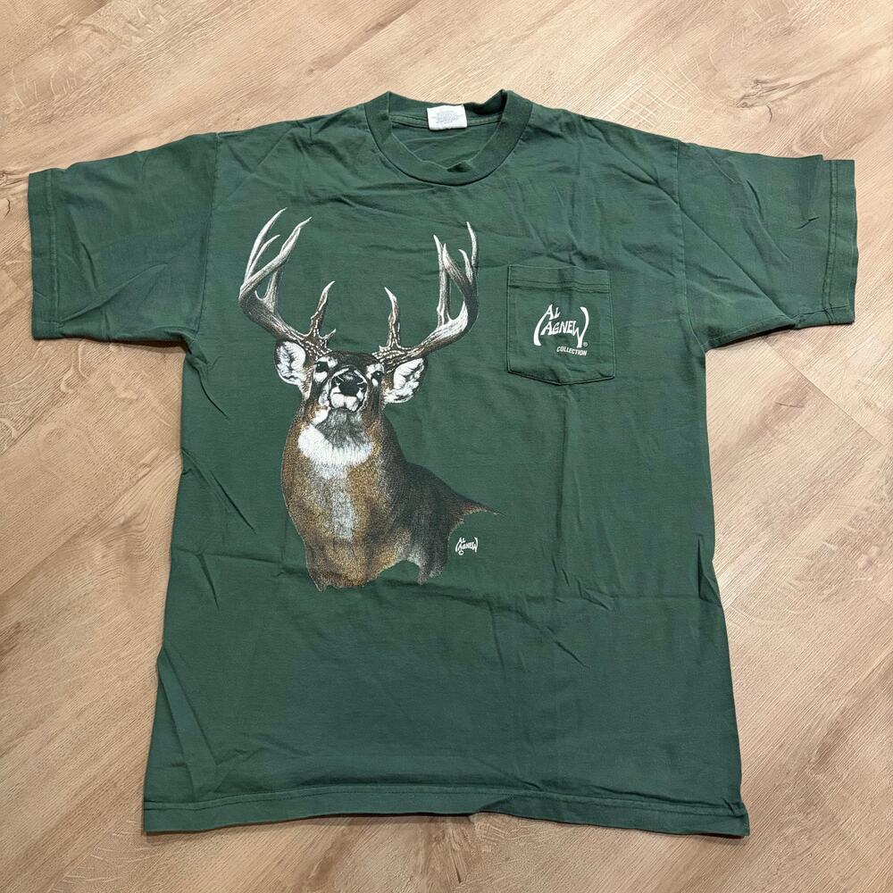 Vintage 90s Al Agnew Deer Elk Nature Art T-Shirt Men's Large L Green Pocket Tee